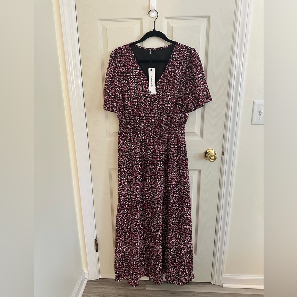 Nomad Red and Pink Smocked Wrap Midi Dress